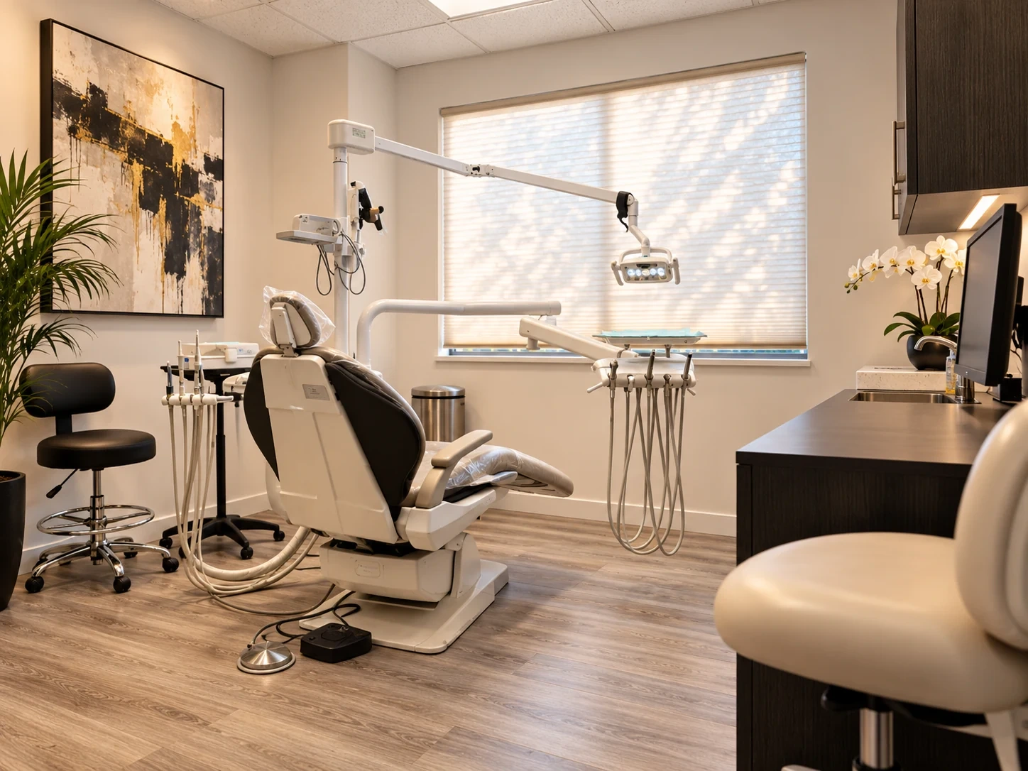 Dental chair, overhead light and equipment