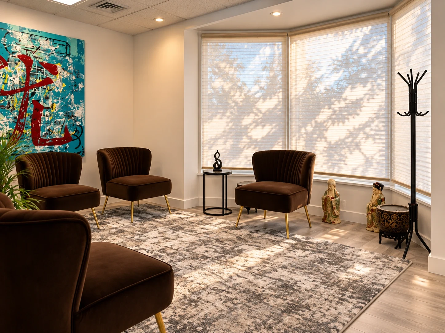 Window seating and abstract artwork