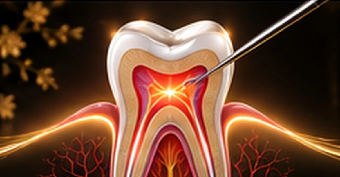 Illustration of a tooth cross-section and a root canal instrument
