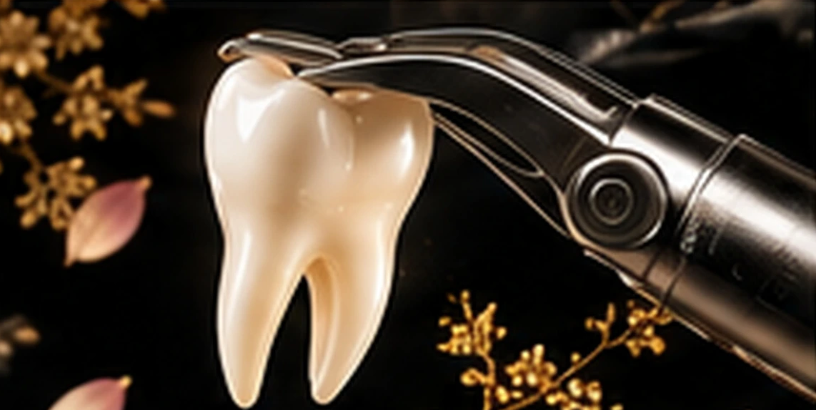 Illustration of a tooth beside an extraction instrument