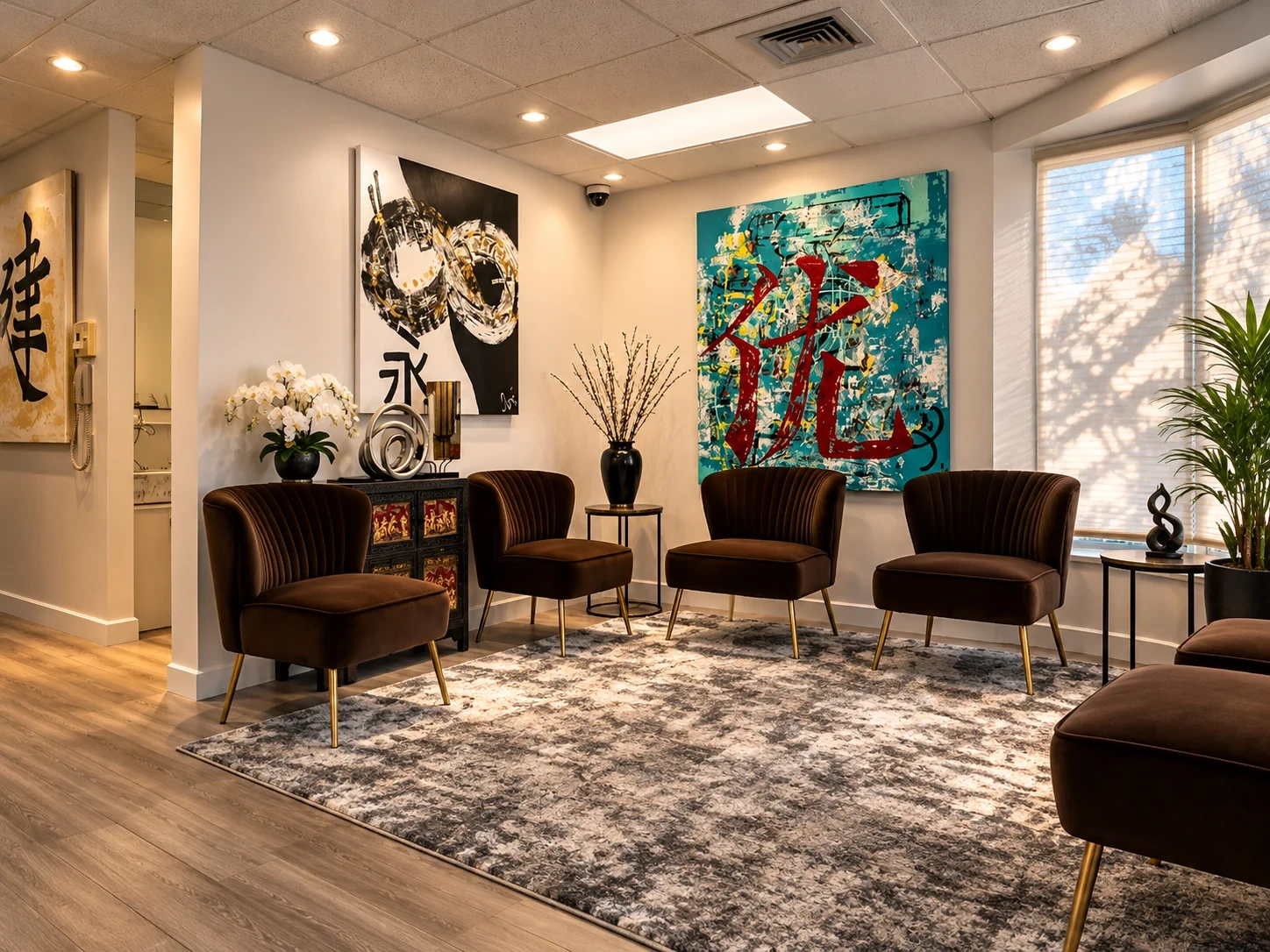 Waiting room with brown chairs and artwork